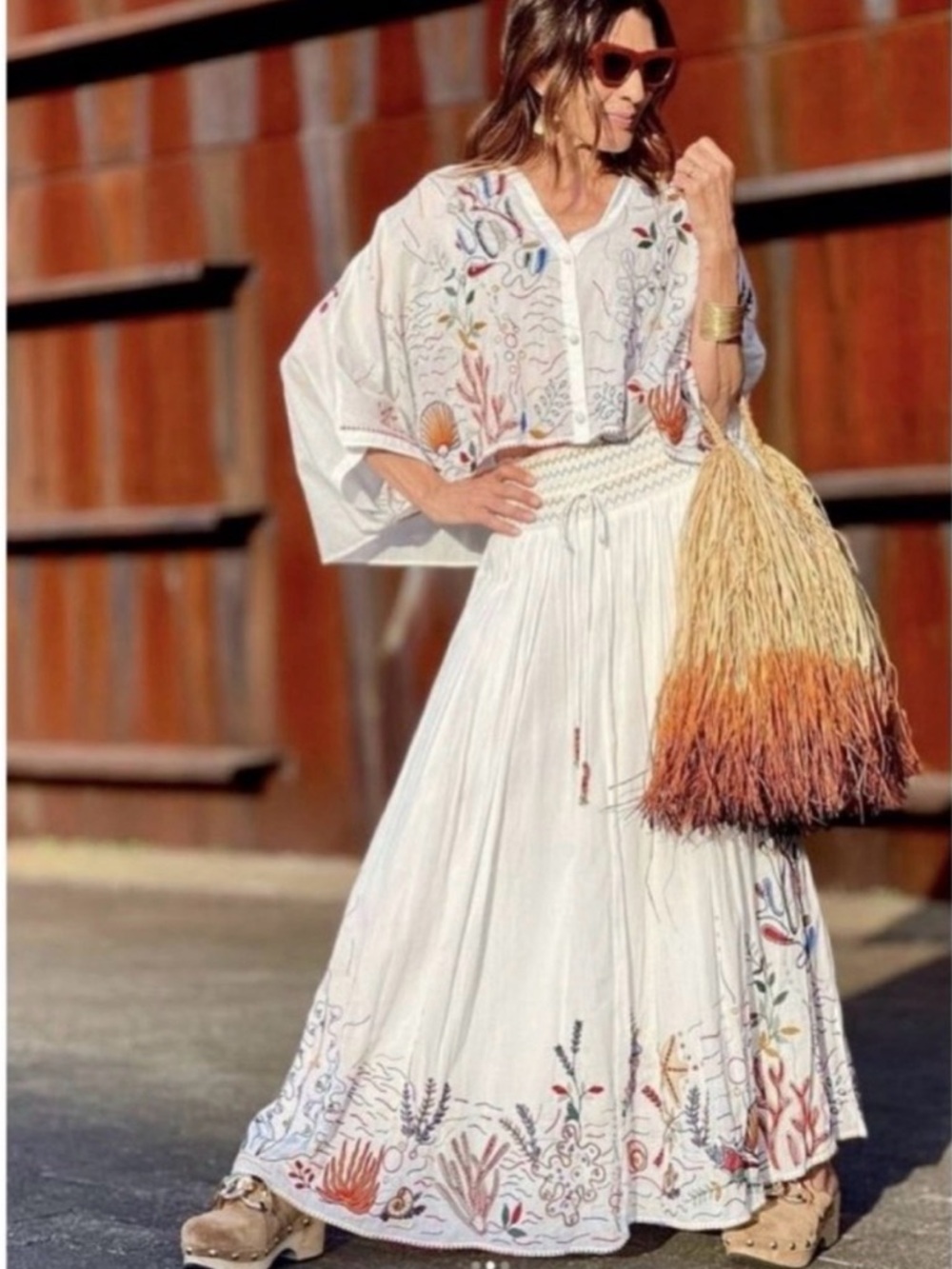 Zara 2-piece Linen Maxi Skirt and Shirt with Multicolor Embroidered Hem - Picture 1 of 6